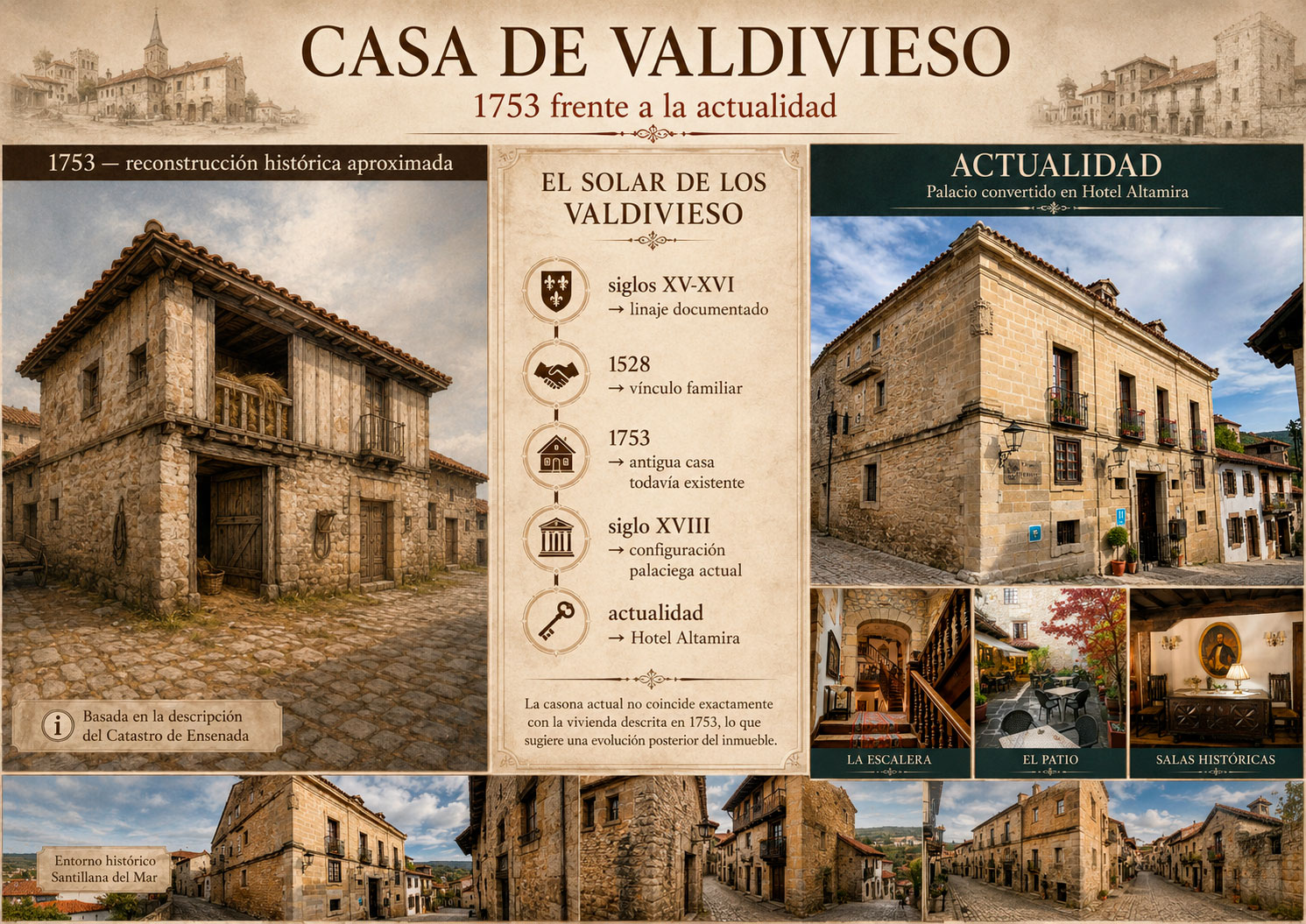 Comparativa histórica de la Casa de Valdivieso en Santillana del Mar, con reconstrucción de la vivienda documentada en 1753 y vista actual del edificio convertido en Hotel Altamira