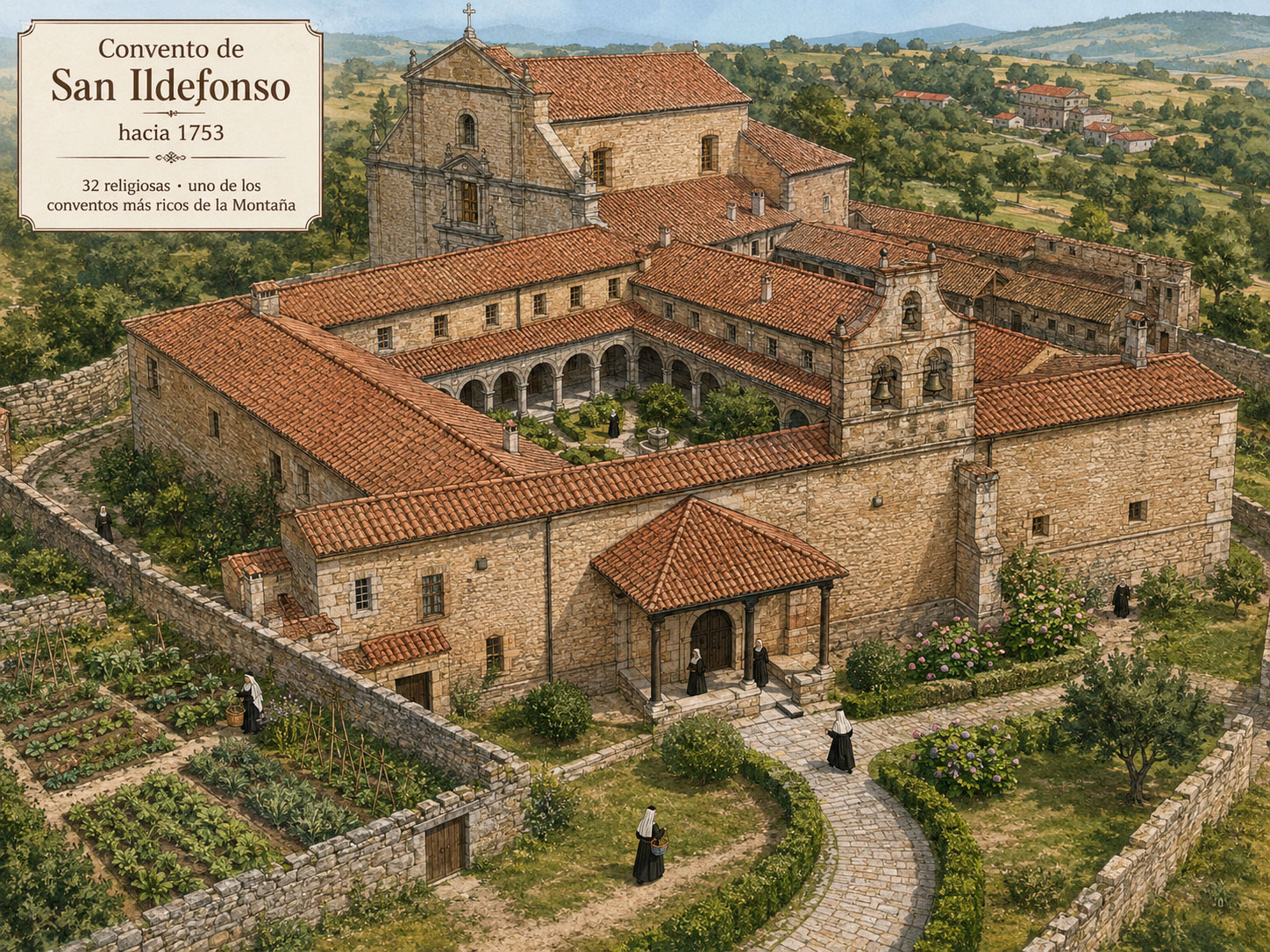 Recreación histórica del Convento de San Ildefonso de Santillana del Mar hacia 1753, con iglesia, claustro, huerta y comunidad de religiosas dominicas