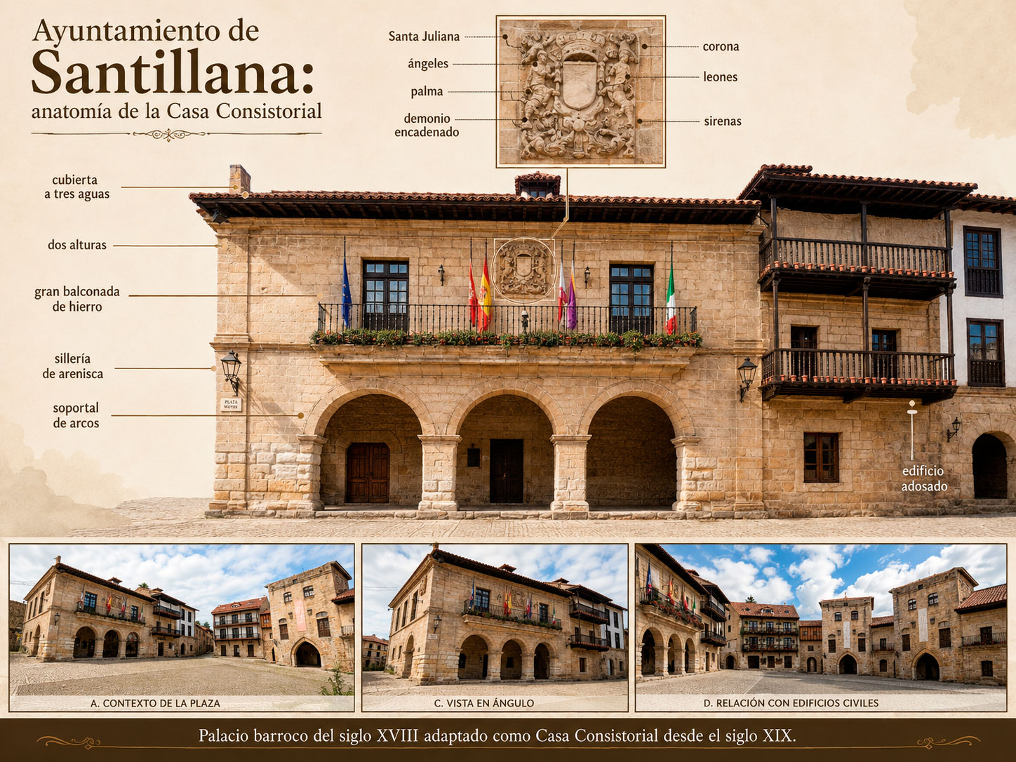 Infografía del Ayuntamiento de Santillana del Mar con su fachada barroca, soportales, balconada de hierro, escudo de la villa y principales elementos arquitectónicos