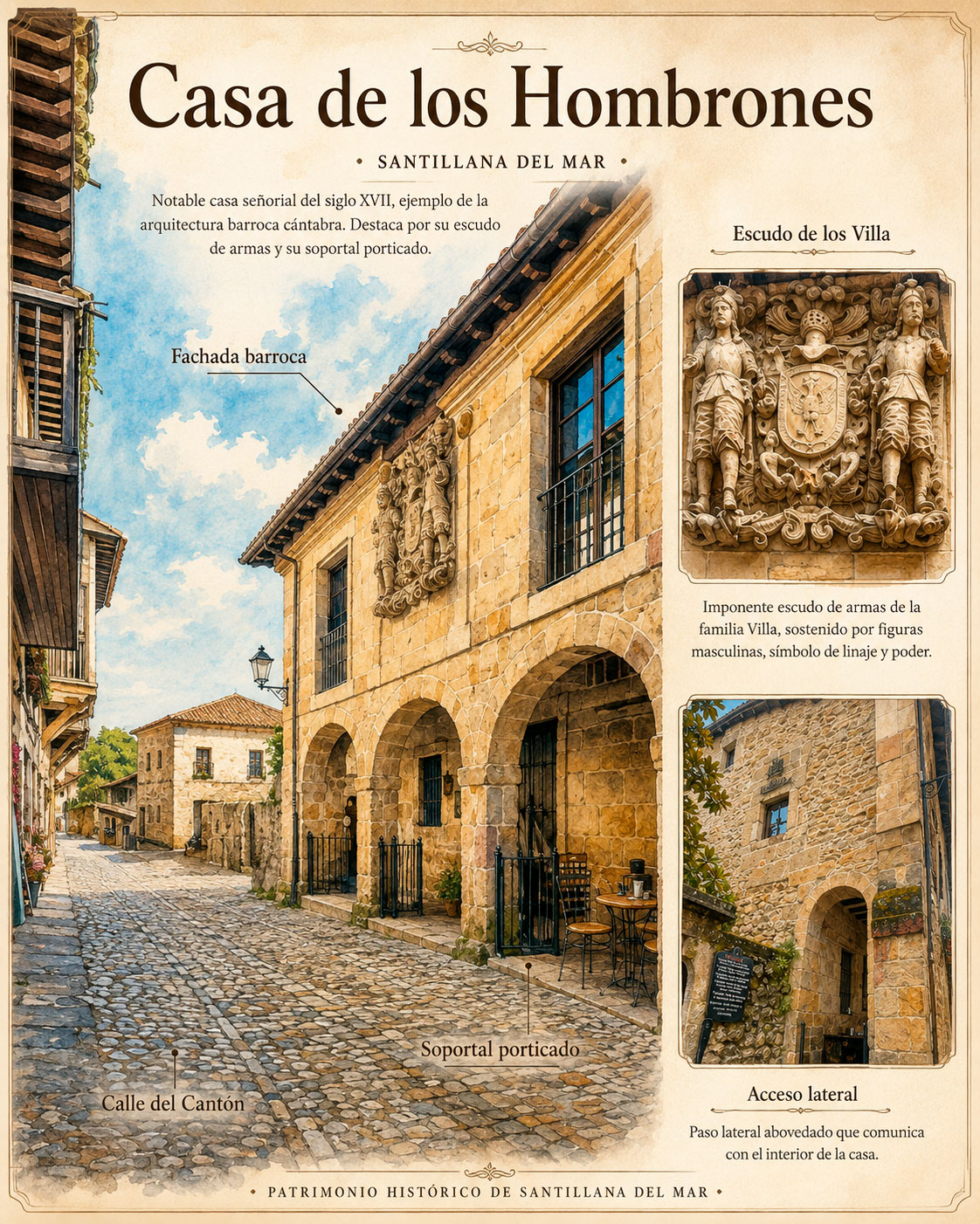 Ilustración de la Casa de los Hombrones de Santillana del Mar con su fachada barroca, escudo de los Villa, soportales y acceso lateral