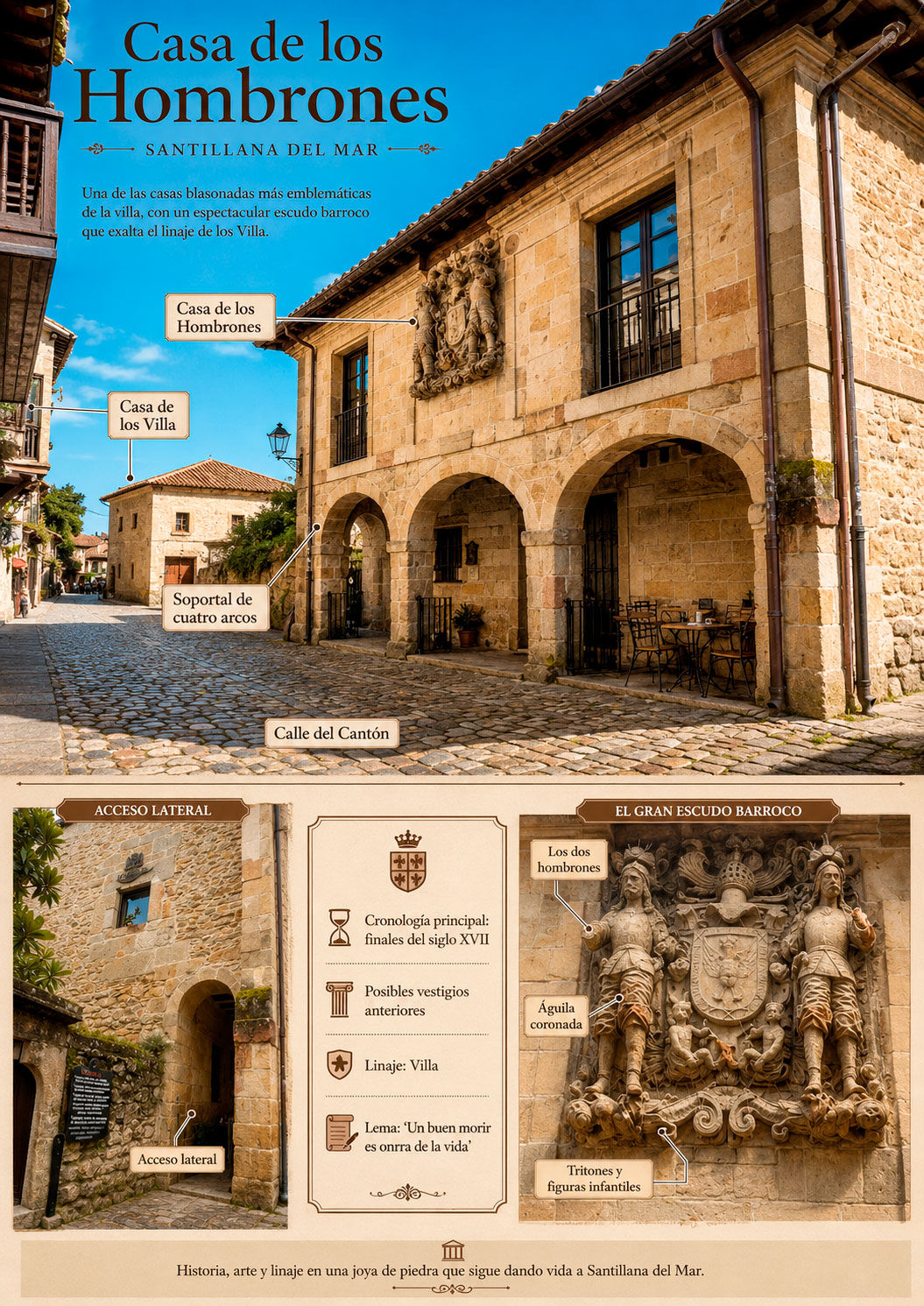 Infografía de la Casa de los Hombrones de Santillana del Mar con el escudo de los Villa, los dos tenantes, el águila coronada y el soportal