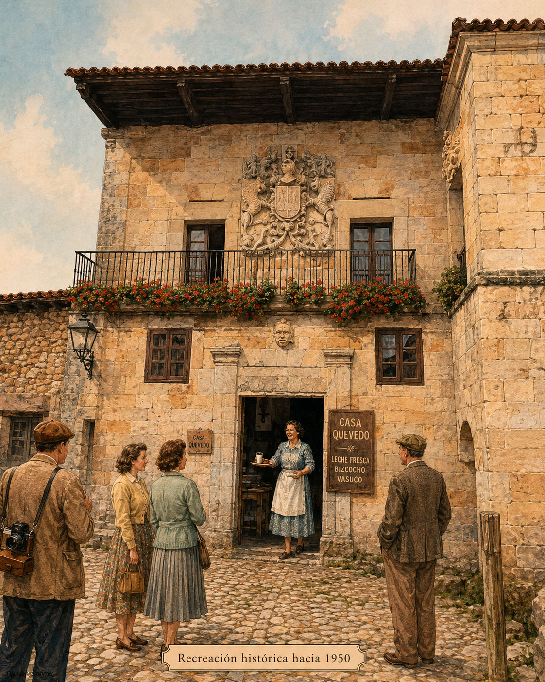 Recreación histórica de Casa Quevedo en Santillana del Mar hacia 1950 con leche fresca y bizcocho