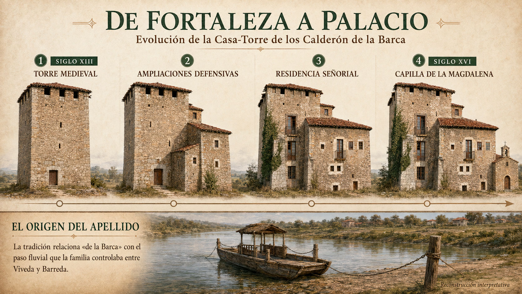 Infografía de la evolución de la Casa-Torre de los Calderón de la Barca desde la torre medieval hasta la residencia señorial con capilla