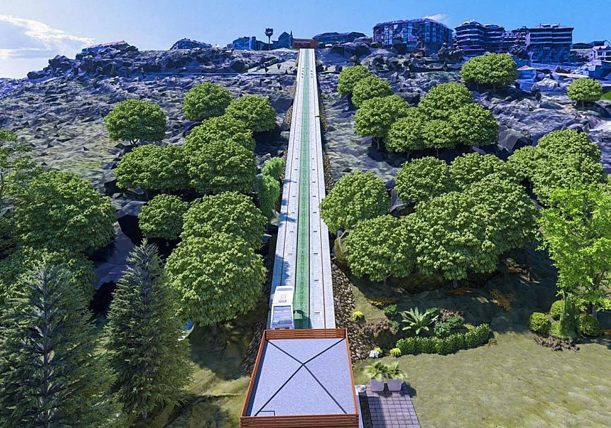 Recreación virtual del trazado del funicular de Suances vista desde arriba, con una cabina sobre el raíl y el pueblo al fondo