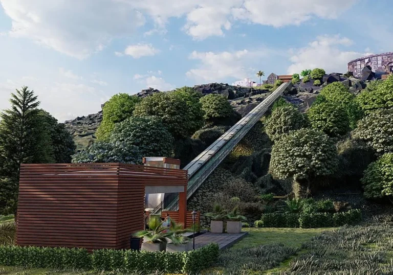 Infografía del proyecto del funicular de Suances con la estación inferior de madera y el trazado inclinado subiendo por la ladera boscosa