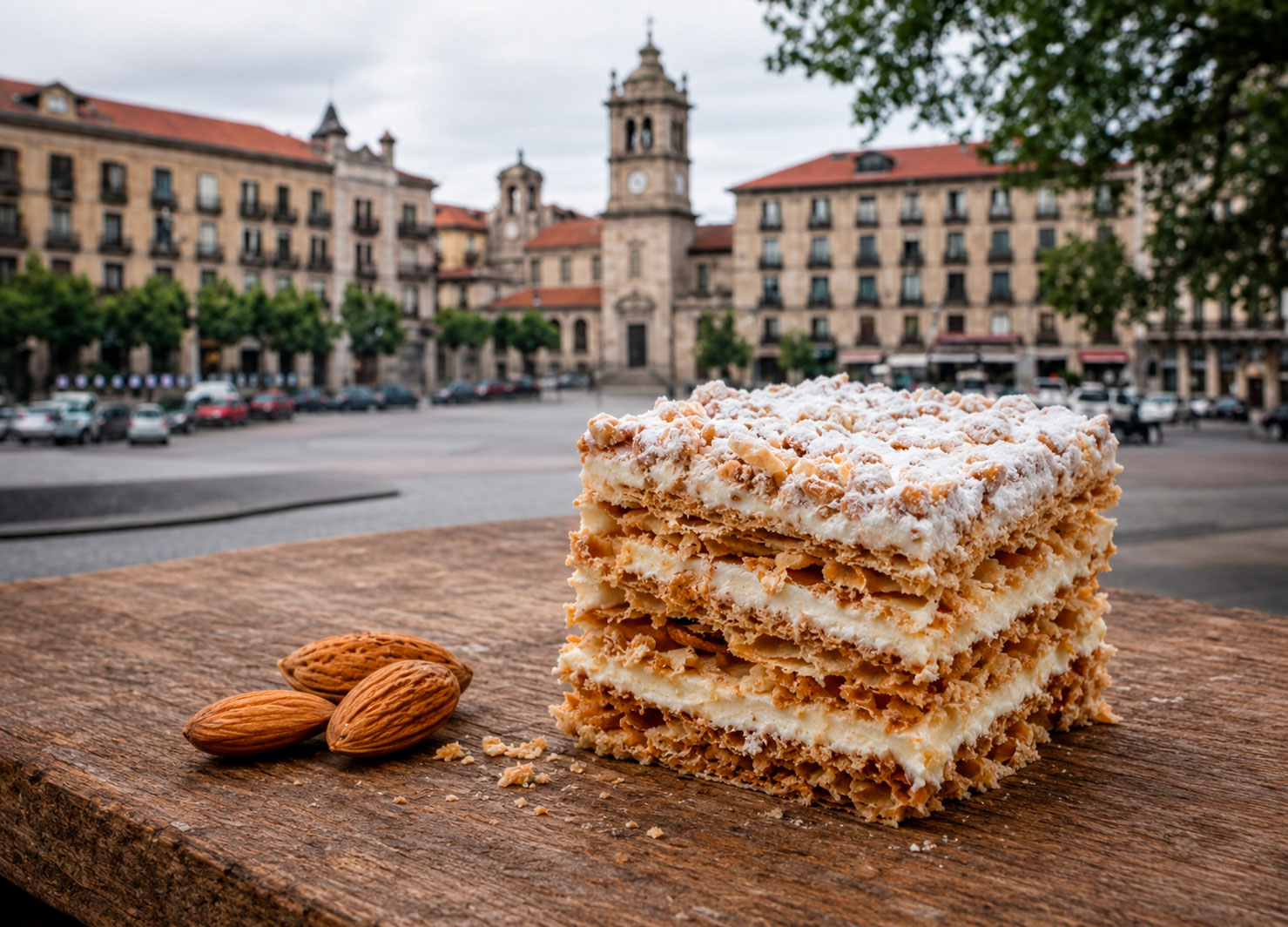 Porción de hojaldre relleno de crema con almendras y una plaza histórica desenfocada al fondo