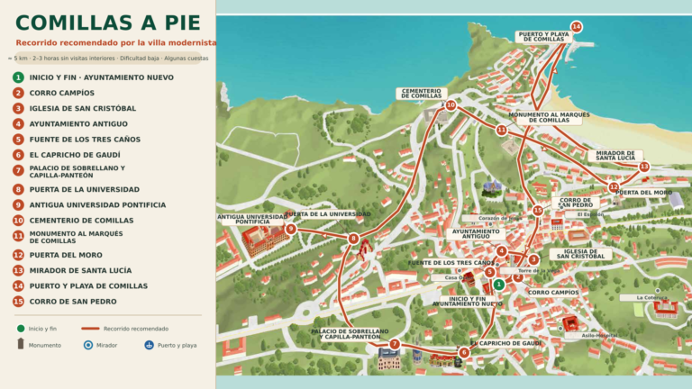 Mapa turístico de Comillas con una ruta circular a pie por sus principales monumentos