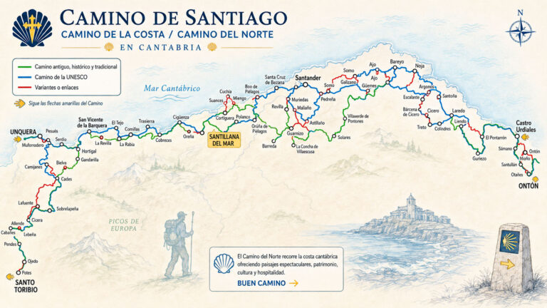 Mapa ilustrado del Camino de Santiago del Norte por Cantabria con las etapas desde Ontón hasta Unquera
