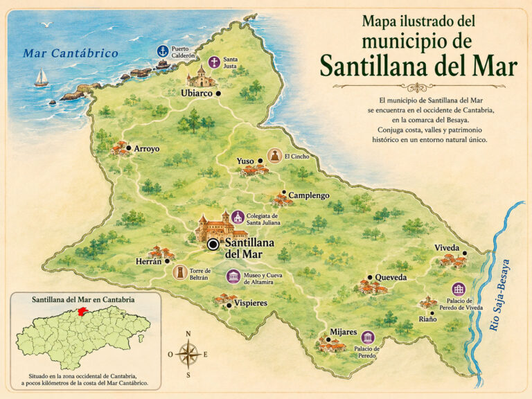 Mapa ilustrado del municipio de Santillana del Mar con sus pueblos y principales lugares de interés