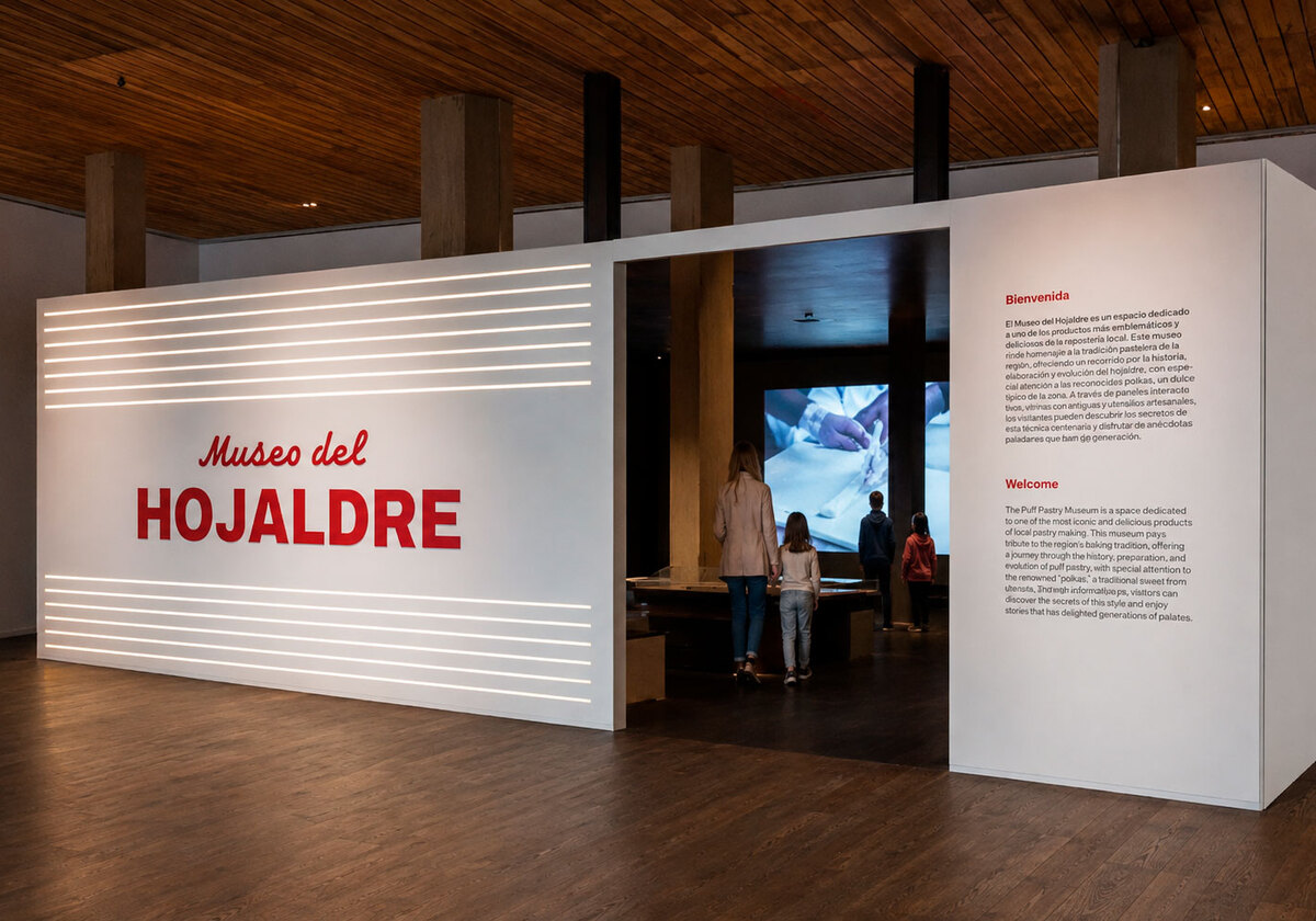 Entrada al recorrido del Museo del Hojaldre de Torrelavega con visitantes y panel de bienvenida