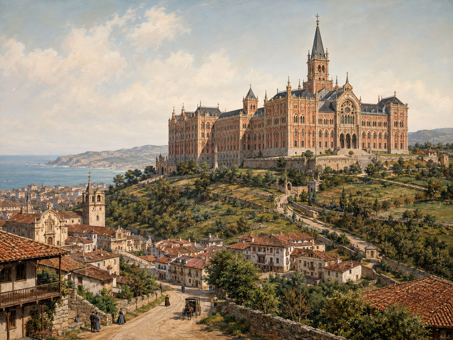Recreación histórica de la Universidad Pontificia de Comillas hacia 1892 sobre la colina de La Cardosa