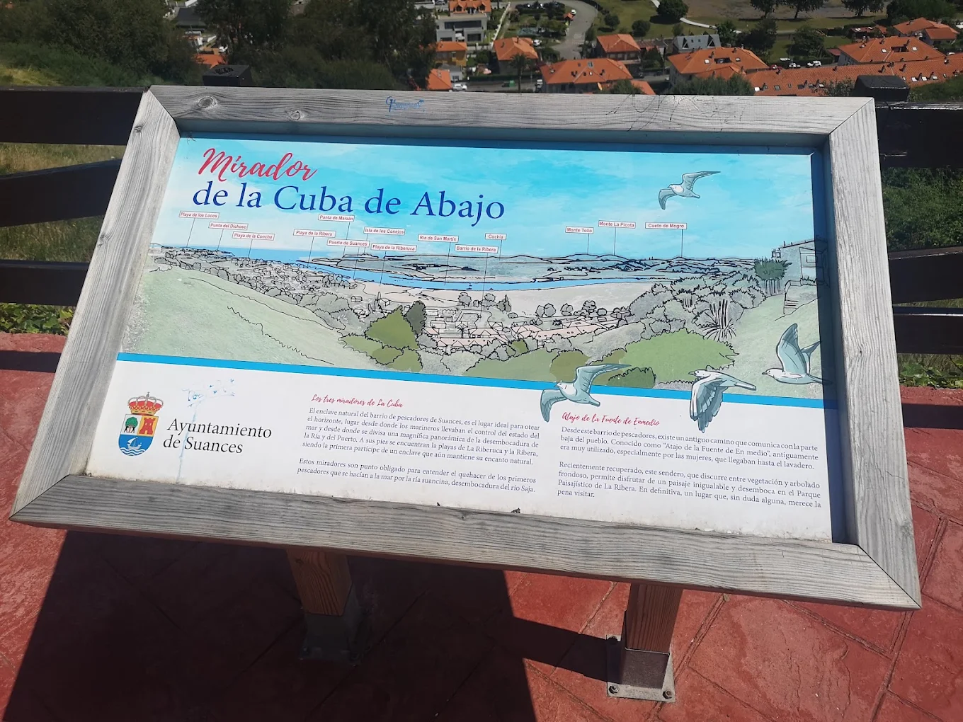 Panel informativo del Ayuntamiento de Suances sobre los miradores de La Cuba y el atajo de la Fuente de Enmedio