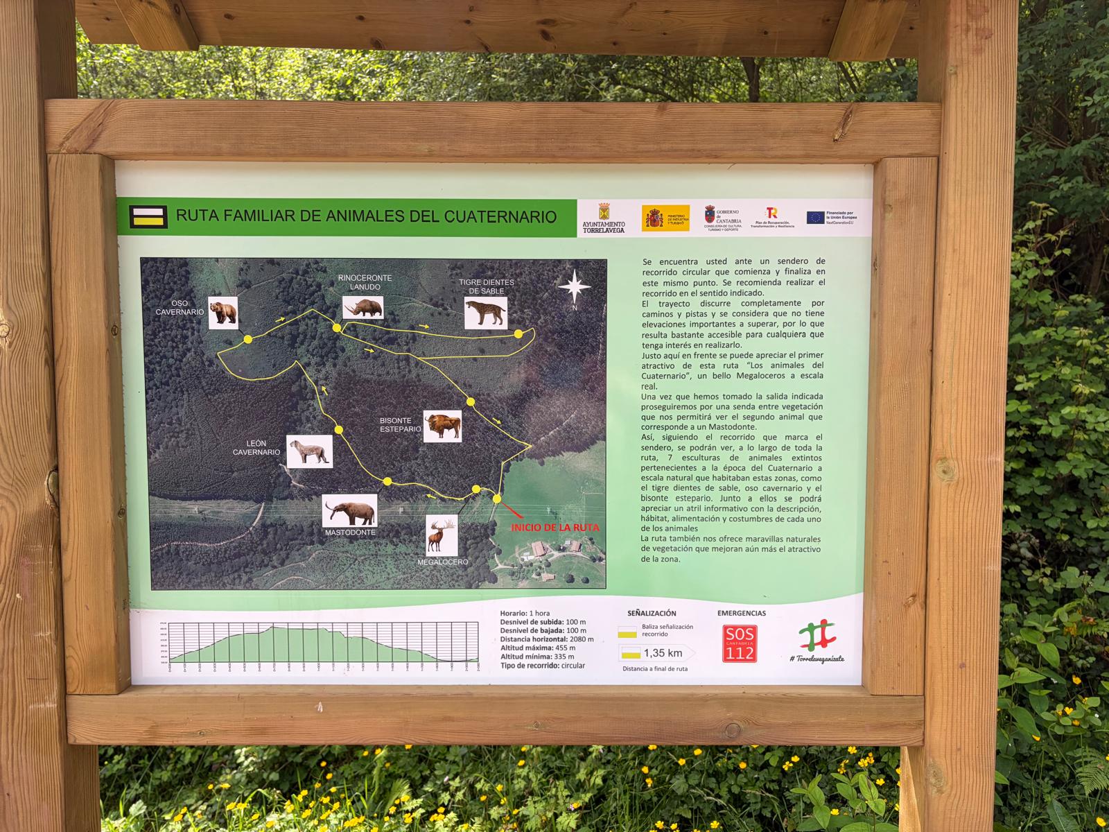 Panel informativo general de la Ruta Familiar de Animales del Cuaternario en el Monte Dobra de Torrelavega, con el mapa del recorrido circular