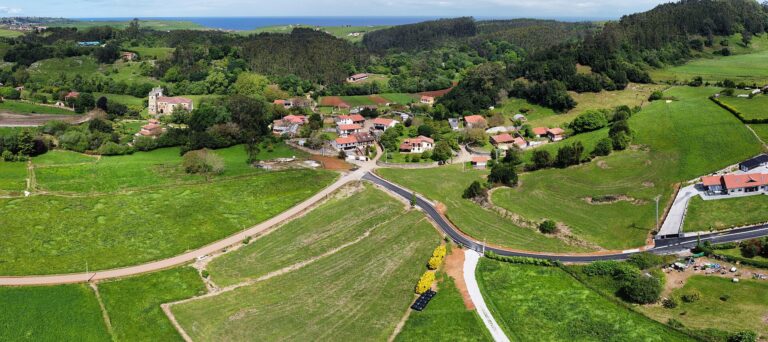 Vista panorámica de Cigüenza, con la iglesia de San Martín y casas entre prados y arbolado