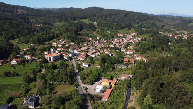 Vista aérea de Novales, capital municipal, rodeada de prados y arbolado